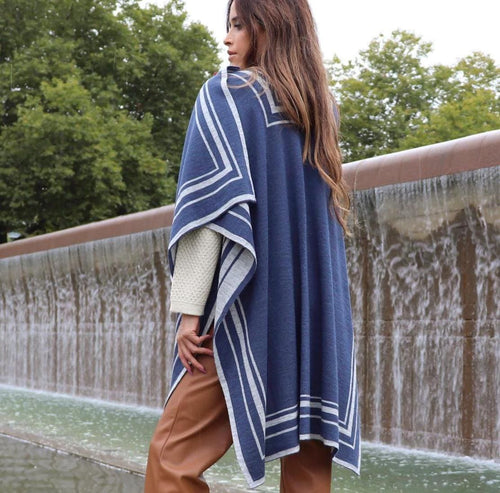 Reversible Alpaca Blend Ruana – Ocean Blue & Gray Striped Wrap, Made in Peru