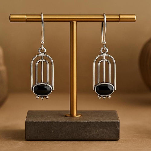 Handcrafted in Peru- 950 Fine Silver & Black Onyx Art Deco Drop Earrings (10.8g 4.0cm)