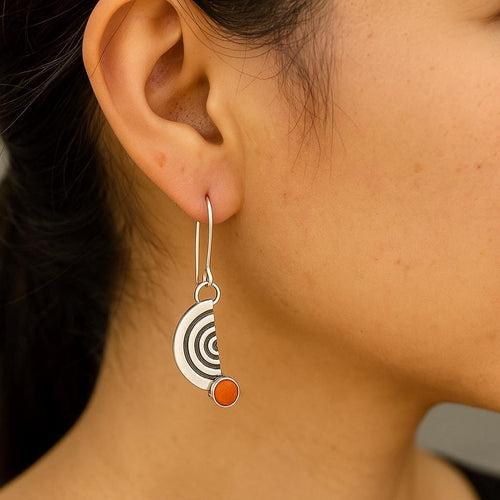 Handcrafted in Peru, 950 Fine Silver & Orange Spondylus Half Moon Dangle Earrings