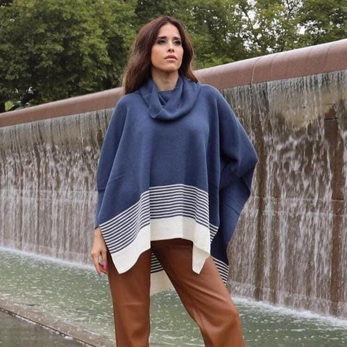 Blue 100% Baby Alpaca Cowl-Neck Poncho Sweater: Striped Peruvian Fashion