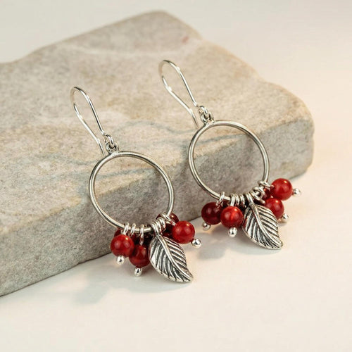 Handcrafted in Peru - 950 Fine Sterling Silver and Coral, Leaf Earrings: Peruvian Jewelry