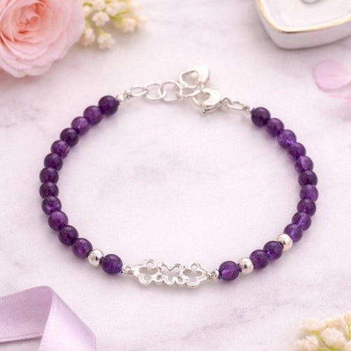 Amethyst Bead Bracelet, 950 Sterling Silver, Openwork Flower Centerpiece, Handmade in Peru