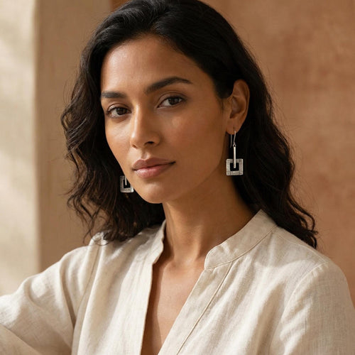 950 Fine Silver, Square Dangle Earrings, Handcrafted in Peru : Peruvian Jewelry