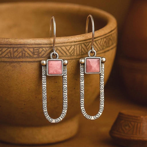 Handcrafted in Peru - 950 Fine Sterling Silver and Rhodonite, Long Dangle Earrings