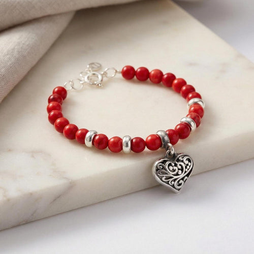 Coral Bead Bracelet, 950 Sterling Silver, Filigree Heart Charm, Handmade in Peru