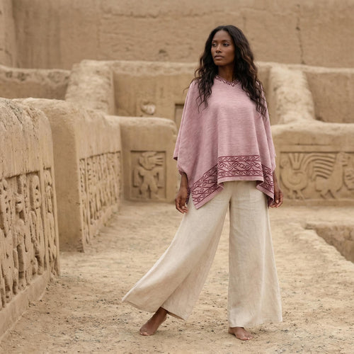 Dusty Rose Alpaca Blend Poncho – V-Neck Chanchan Inspired Sweater, Made in Peru