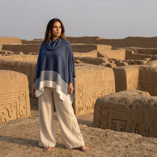 Blue 100% Baby Alpaca Cowl-Neck Poncho Sweater: Striped Peruvian Fashion