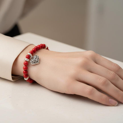Coral Bead Bracelet, 950 Sterling Silver, Filigree Heart Charm, Handmade in Peru