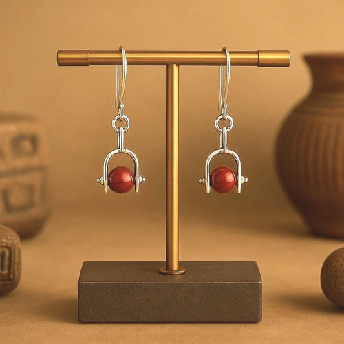 Handcrafted in Peru, 950 Fine Silver & Coral Modern Arc Earrings (4.8 g, 4.0 cm)