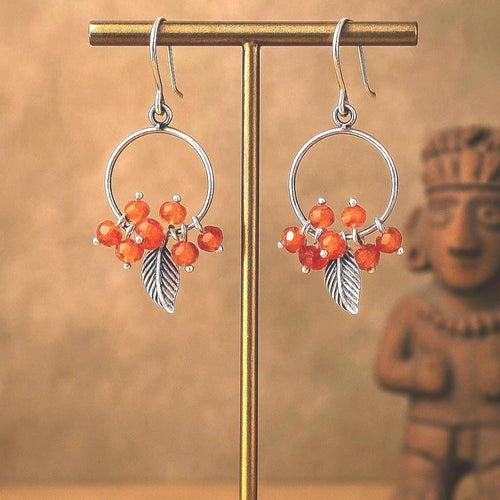 Handcrafted in Peru, 950 Fine Silver & Carnelian Leaf Hoop Earrings (5.5 g, 5.0 cm)