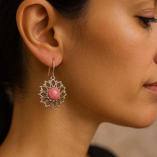 Handcrafted in Peru - 950 Fine Silver & Rhodonite Round Dangle Earrings (7.8gr, 4cm)