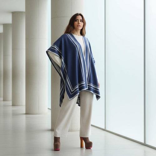 Reversible Alpaca Blend Ruana – Ocean Blue & Gray Striped Wrap, Made in Peru
