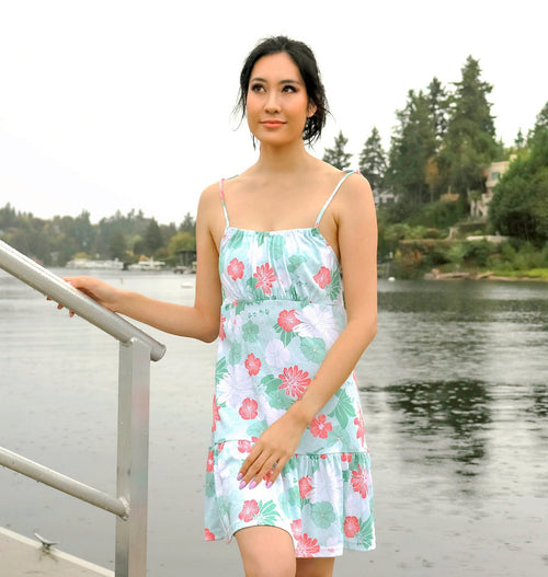 Floral Pima Cotton Tie Strap Dress - Green Peruvian Summer Dress