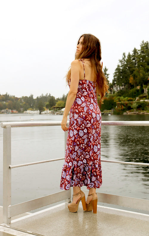 Burgundy Floral Pima Cotton Summer Dress: Peruvian Fashion