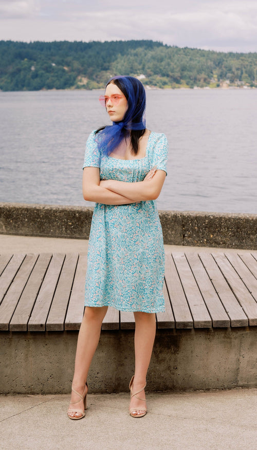 Turquoise Floral Pima Cotton Summer Dress - Marina Atelier