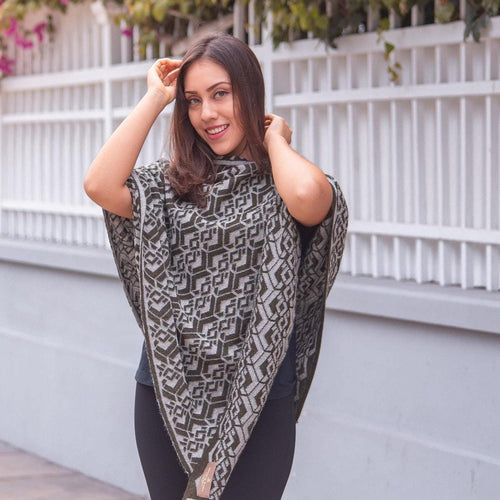 Gray & Black Baby Alpaca Geometric Poncho  - Made in Peru