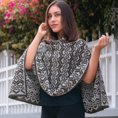 Gray & Black Baby Alpaca Geometric Poncho  - Made in Peru
