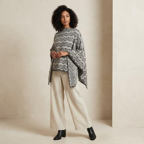 Gray & Black Baby Alpaca Geometric Poncho  - Made in Peru