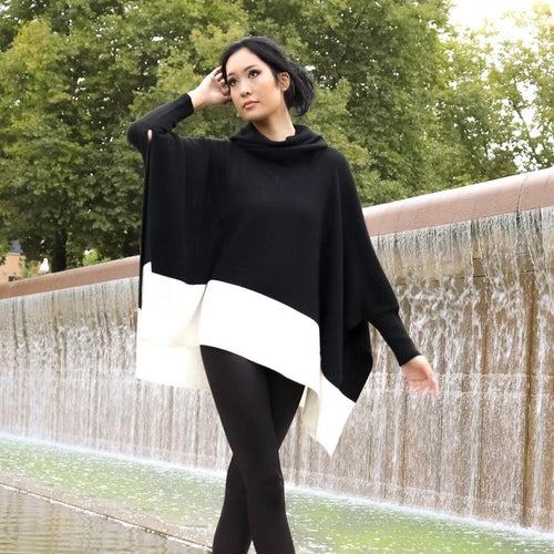 Cowl Neck Alpaca Blend Sweater Poncho — Black & Ivory Duo Tone, Made in Peru by Tejidos Peruanos