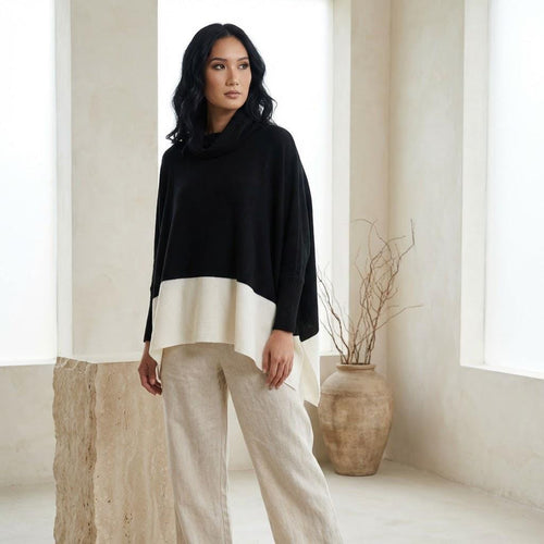 Cowl Neck Alpaca Blend Sweater Poncho — Black & Ivory Duo Tone, Made in Peru by Tejidos Peruanos