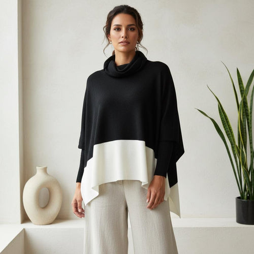 Cowl Neck Alpaca Blend Sweater Poncho — Black & Ivory Duo Tone, Made in Peru by Tejidos Peruanos