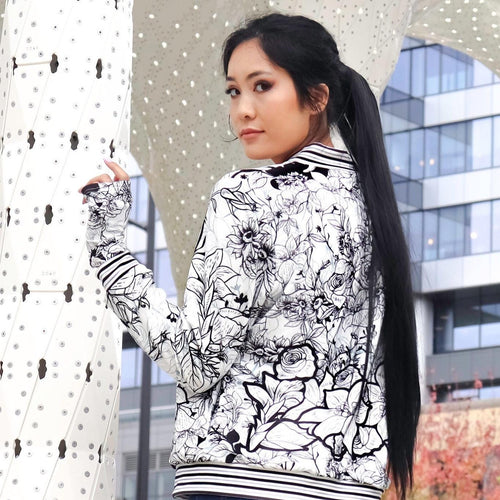 Limited Edition Monochrome Lily Jacket Set, Black White Floral Bomber, Made in Peru