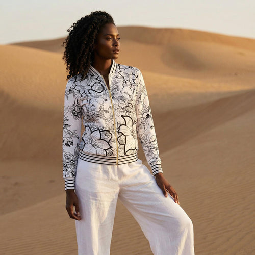 Limited Edition Monochrome Lily Jacket Set, Black White Floral Bomber, Made in Peru