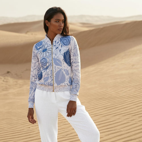 Limited Edition Blue Floral Designer Jacket Set with Matching Gloves, Made in Peru