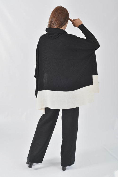 Cowl Neck Alpaca Blend Sweater Poncho — Black & Ivory Duo Tone, Made in Peru by Tejidos Peruanos