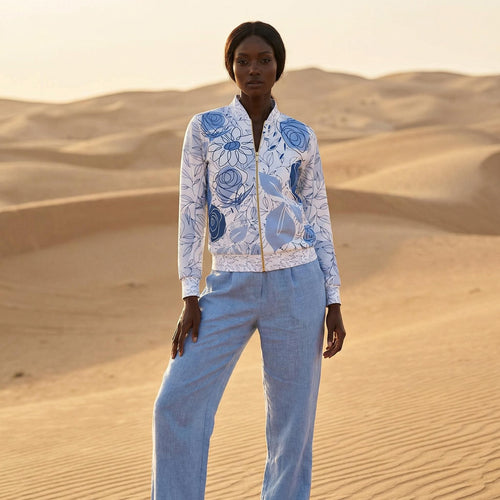 Limited Edition Blue Floral Designer Jacket Set with Matching Gloves, Made in Peru