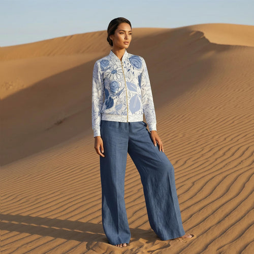 Limited Edition Blue Floral Designer Jacket Set with Matching Gloves, Made in Peru