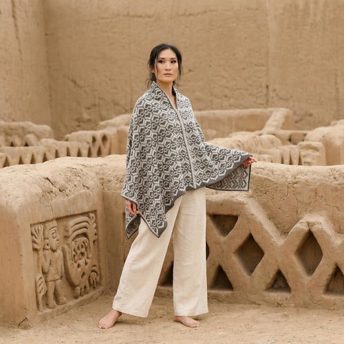 Gray & Black Baby Alpaca Geometric Poncho  - Made in Peru