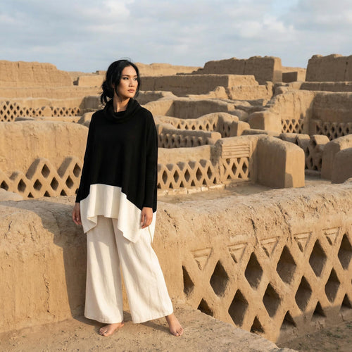 Cowl Neck Alpaca Blend Sweater Poncho — Black & Ivory Duo Tone, Made in Peru by Tejidos Peruanos
