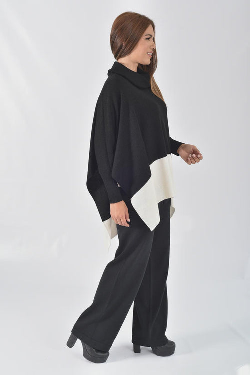 Cowl Neck Alpaca Blend Sweater Poncho — Black & Ivory Duo Tone, Made in Peru by Tejidos Peruanos