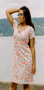 Iris Neck Short Sleeve Pima Cotton Short Dress in Pink or Turquoise Floral Print by Marina